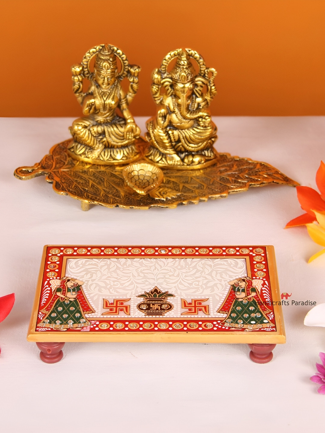 HANDICRAFTS PARADISE White & Red Kalash designed Marble Rectangular Pooja Chowki