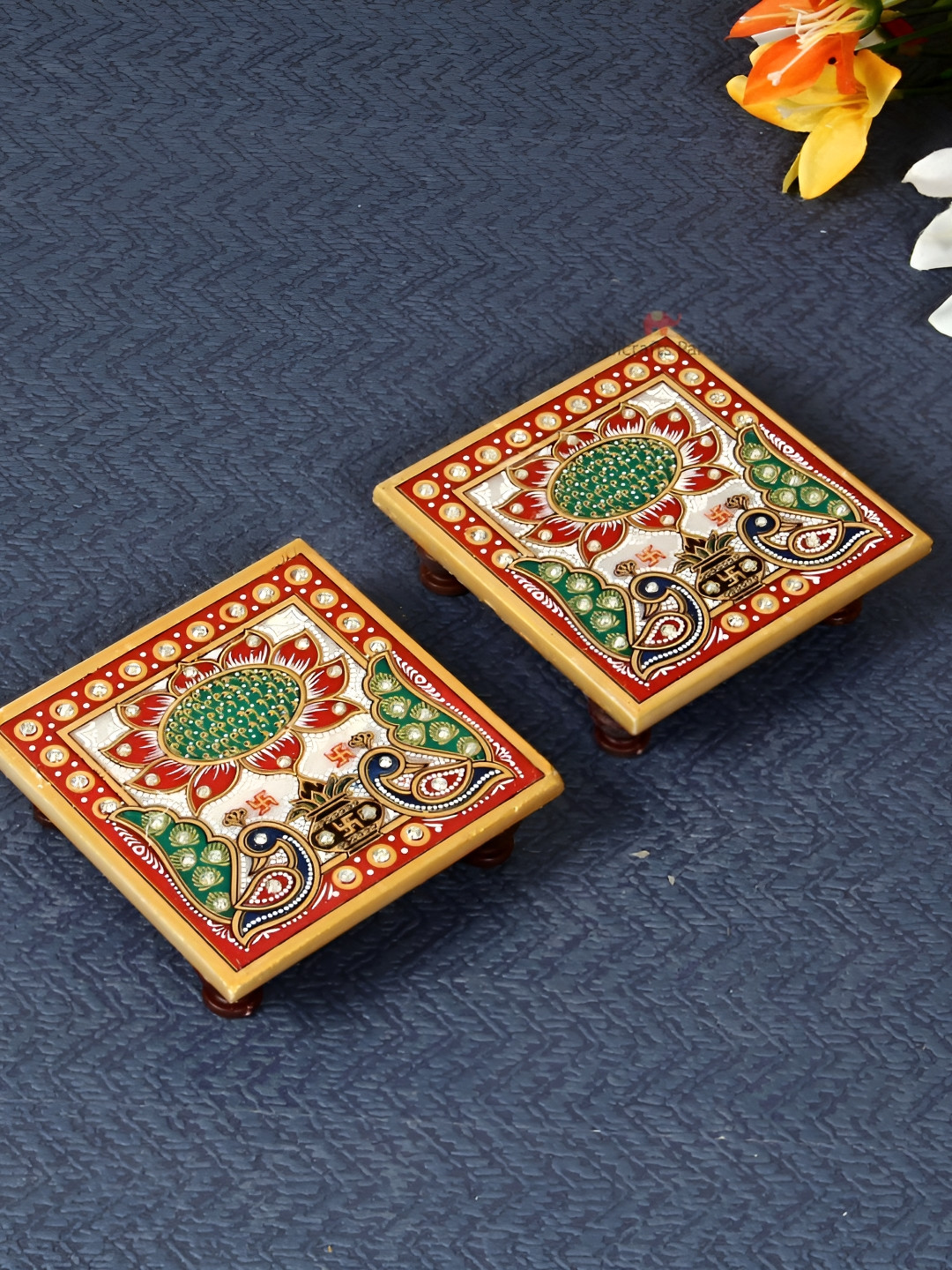 HANDICRAFTS PARADISE White & Red 2 Pieces Peacock-designed Marble Square Pooja Chowkie