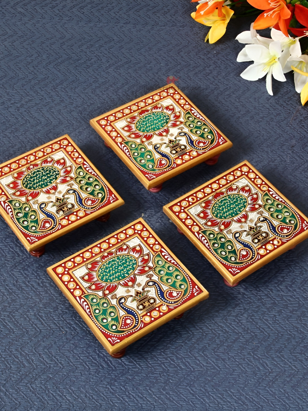 HANDICRAFTS PARADISE White & Green 4 Pcs Peacock designed Marble Square Pooja Chowkie