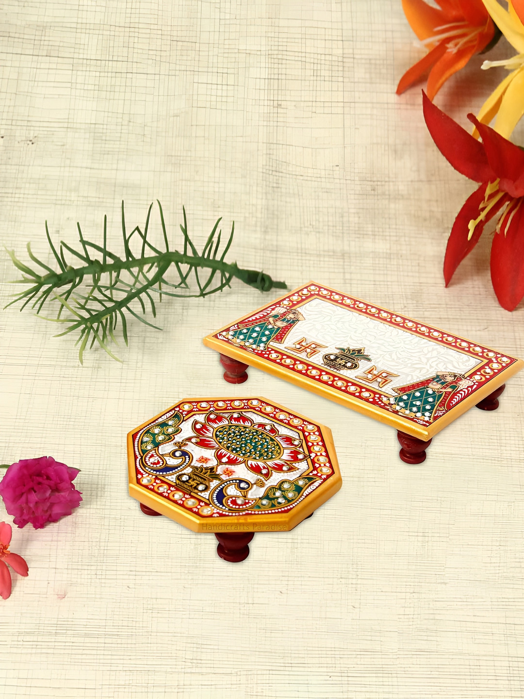 HANDICRAFTS PARADISE White & Green 2 Pieces Marble Rectangle & Octagonal Pooja Chowkis