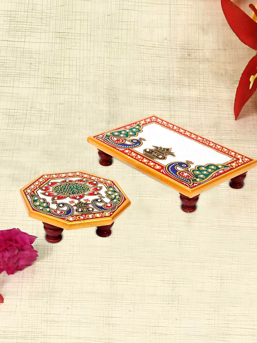 HANDICRAFTS PARADISE White & Green 2 Pieces Peacock Design Marble Pooja Chowkies