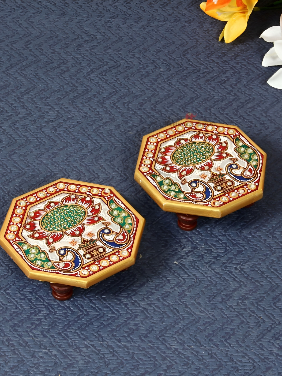 HANDICRAFTS PARADISE White & Green 2 Pieces Peacock Design Marble Pooja Chowkies