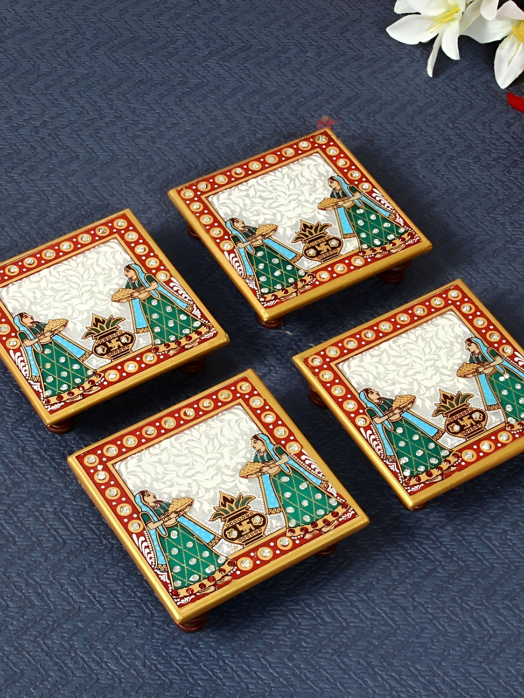 HANDICRAFTS PARADISE White & Green 4 Pieces Kalash Design Marble Pooja Chowkies