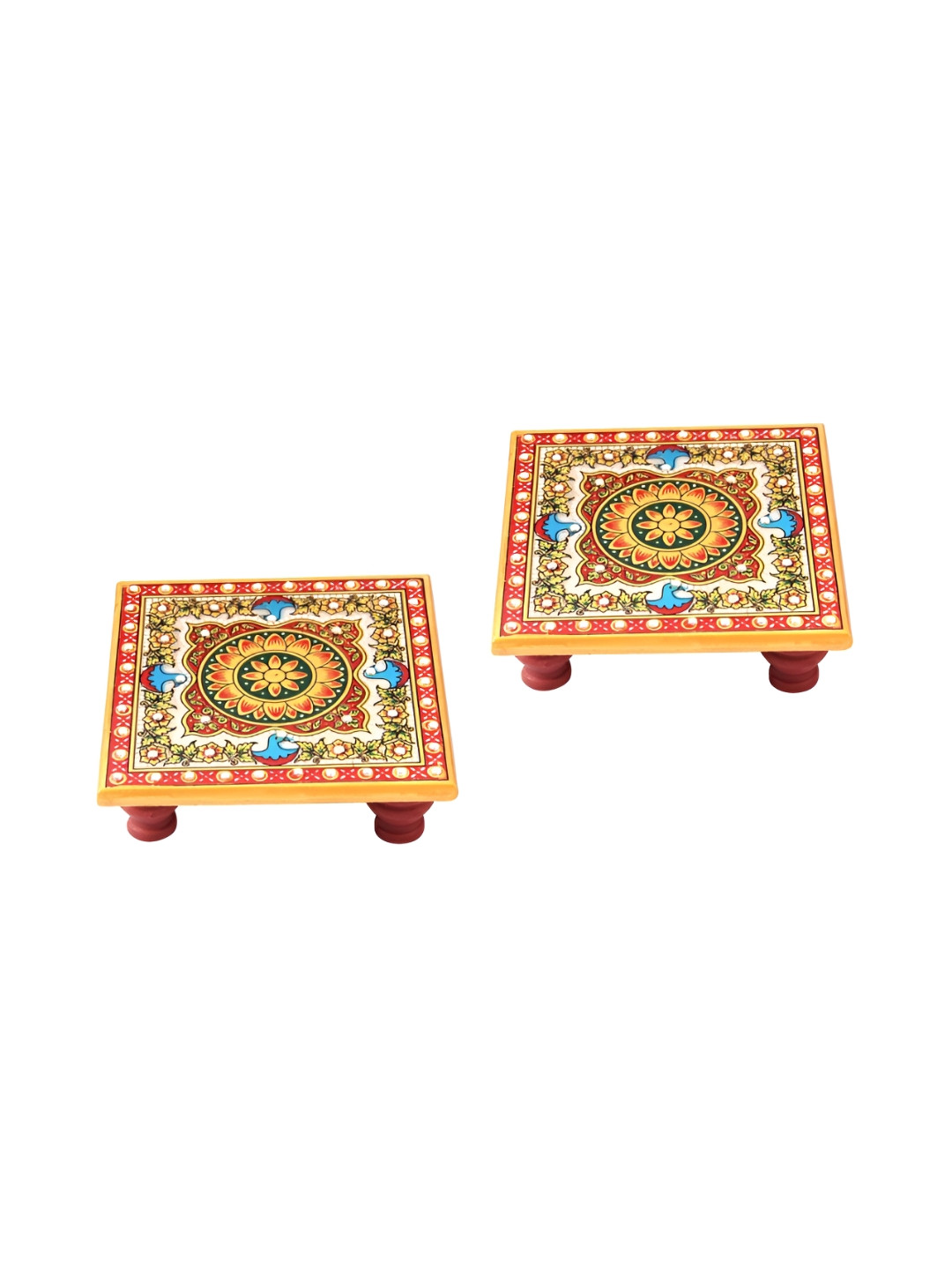 HANDICRAFTS PARADISE White & Red 2 Pieces Floral Marble Square Pooja Chowkis