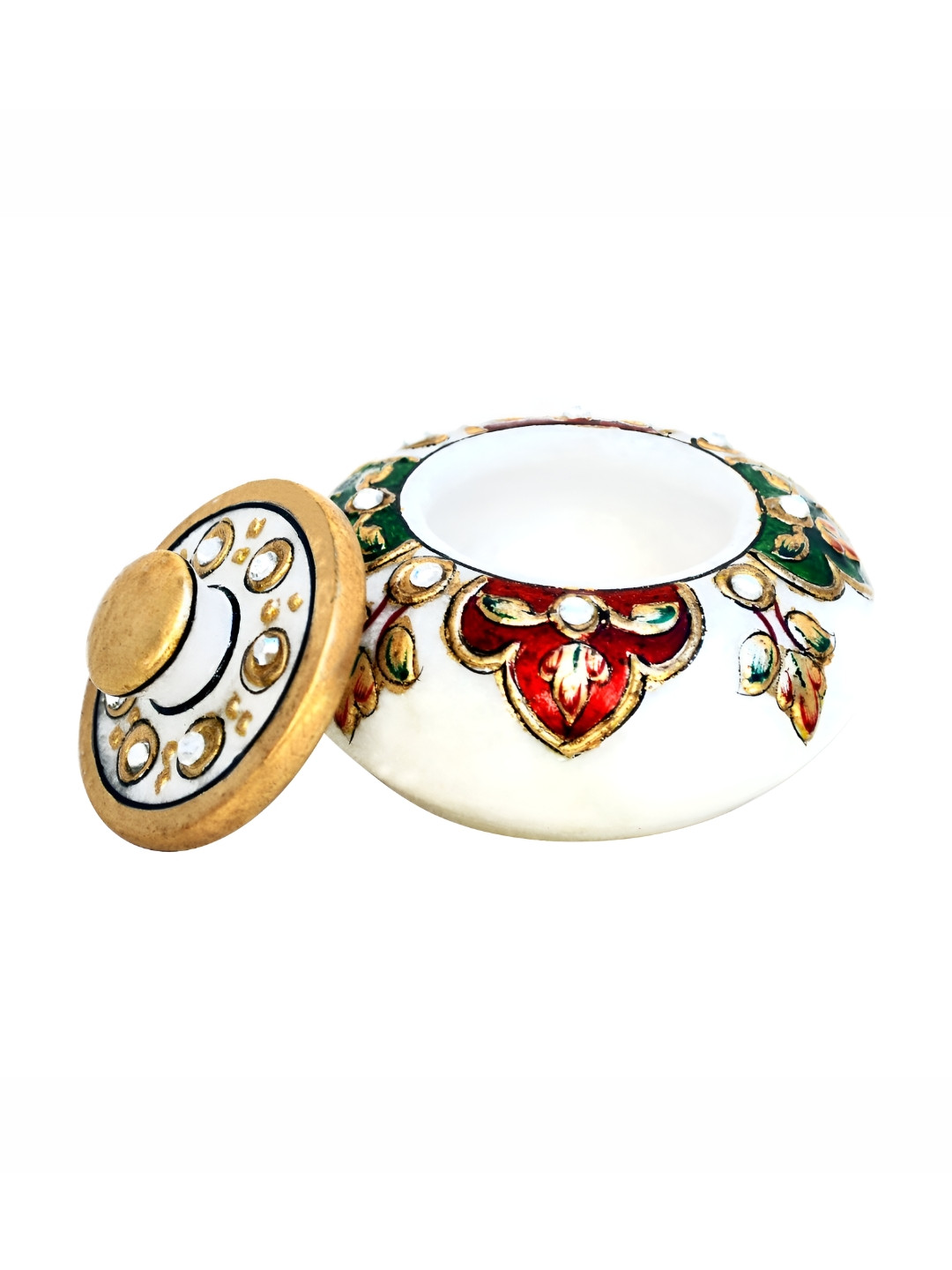 HANDICRAFTS PARADISE White & Red Meenakari Woked Kundan Studded Kumkum Box