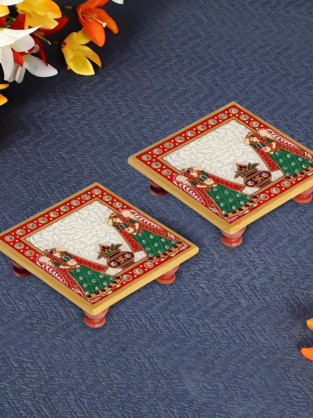 HANDICRAFTS PARADISE White & Red 2 Pieces Kalash Designed Marble Square Pooja Chowkis