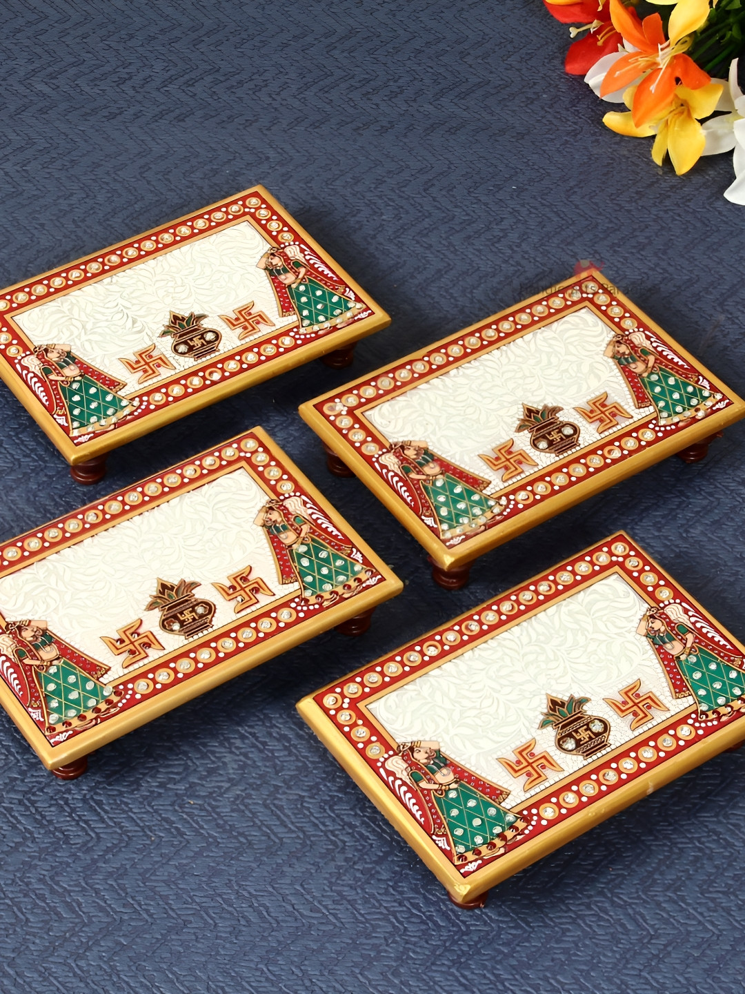 HANDICRAFTS PARADISE White & Green 4 Pieces Kalash Designed Marble Pooja Chowkies