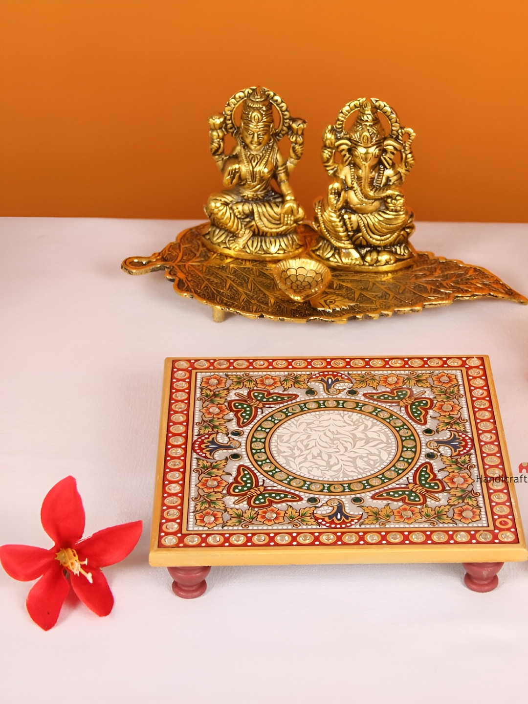 HANDICRAFTS PARADISE White & Red Butterfly Designed Marble Square Pooja Chowki