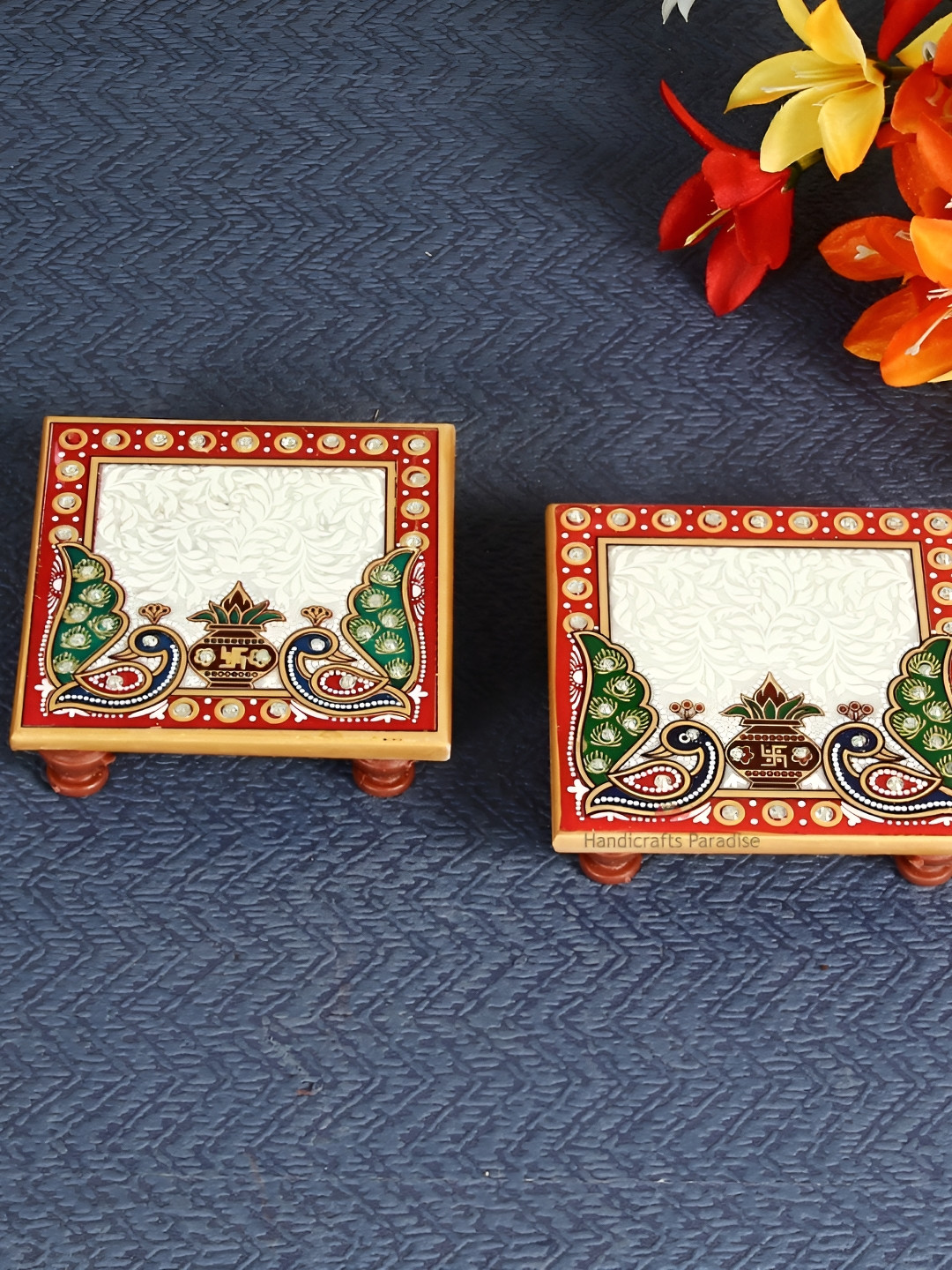 HANDICRAFTS PARADISE White & Green 2 Pieces Kalash-designed Marble Square Pooja Chowki