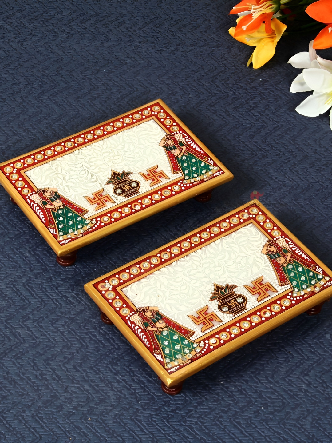HANDICRAFTS PARADISE 2 Pieces White & Red Kalash designed Kundan-studded Pooja Chowki