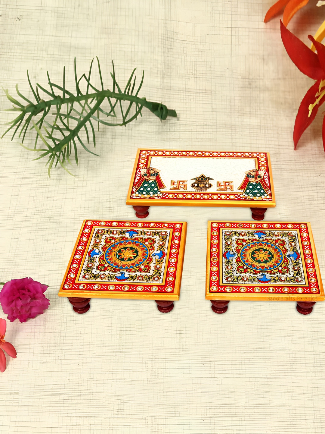 HANDICRAFTS PARADISE White & Red 3 Pcs Kundan-studded Marble Pooja Chowki
