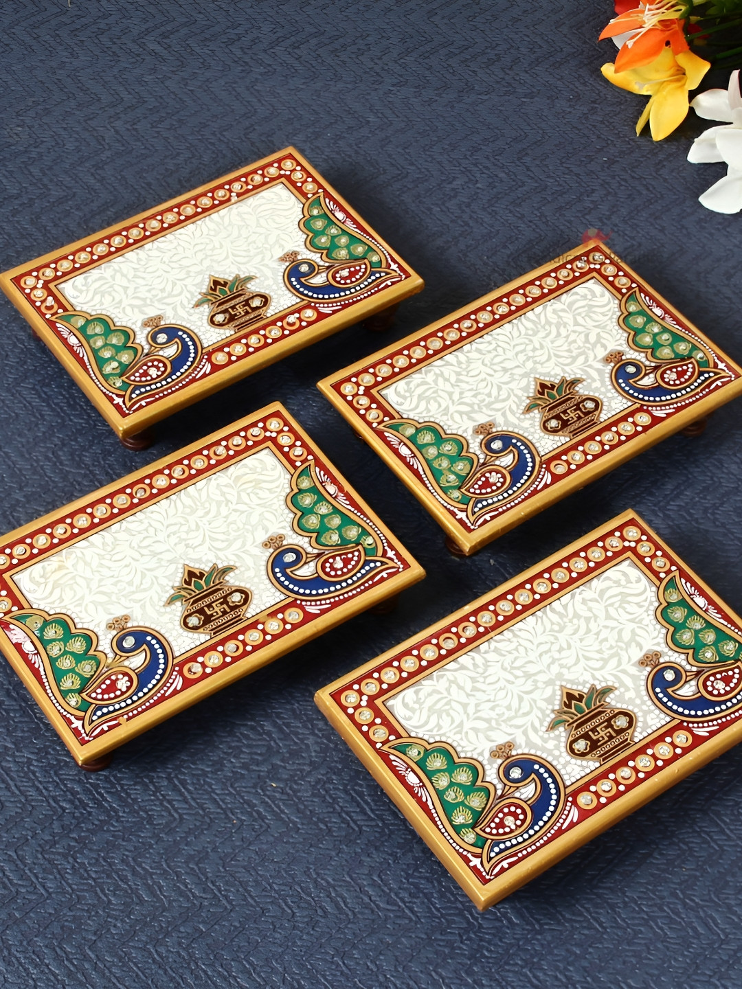 HANDICRAFTS PARADISE White & Red 4 Pcs Hand-painted & Kundan-studded Marble Pooja Chowkie