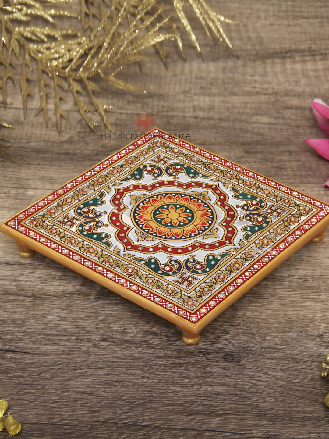 HANDICRAFTS PARADISE Red & White Printed Puja chowki