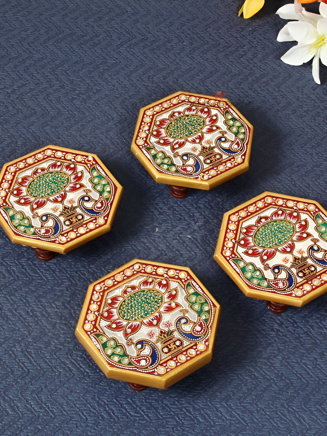 HANDICRAFTS PARADISE 4 Pieces White & Red Peacock-designed Ocatagonal Marble Pooja Chowkie