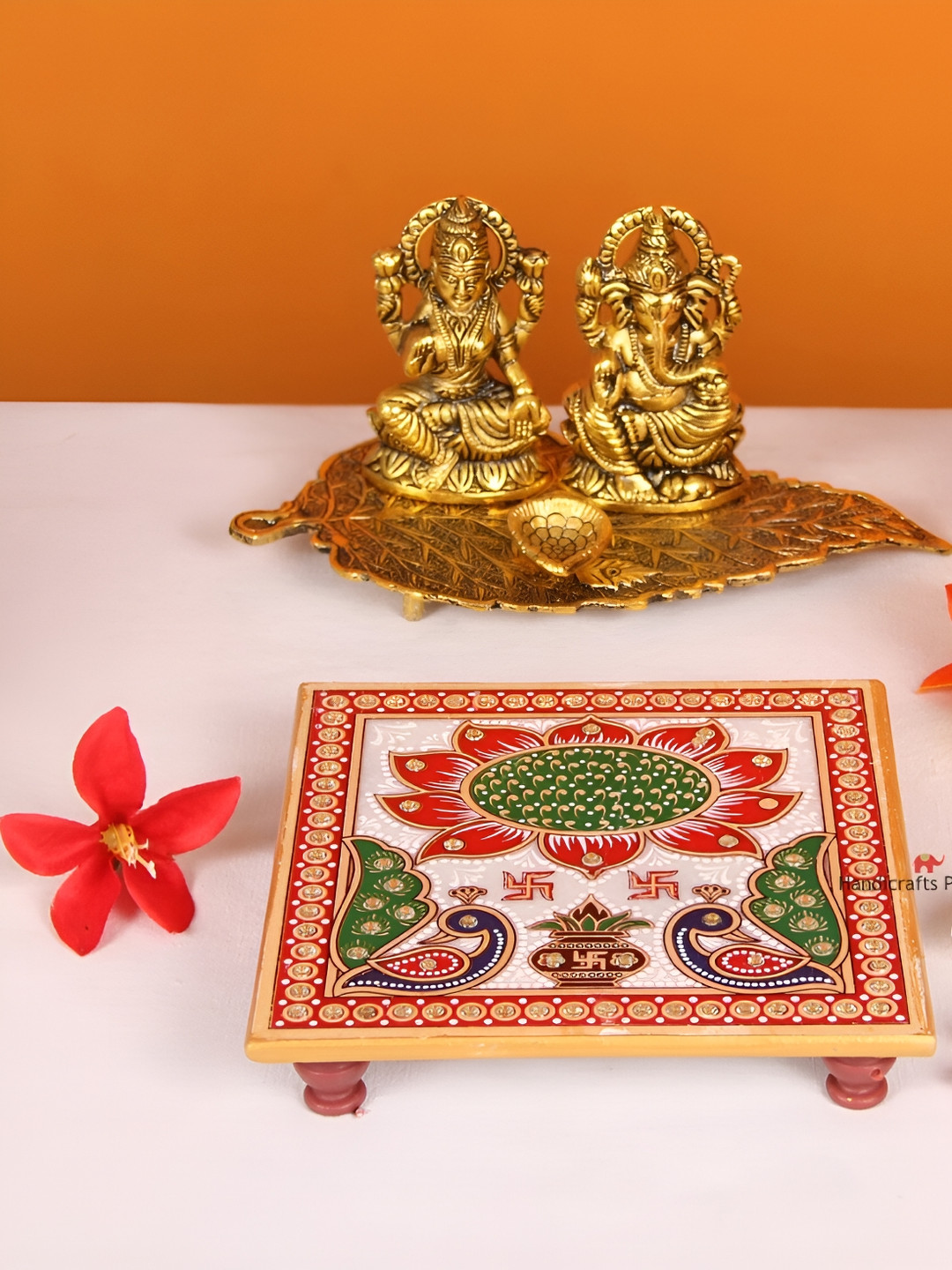 HANDICRAFTS PARADISE White & Red Peacock Designed Marble Pooja Chowkie