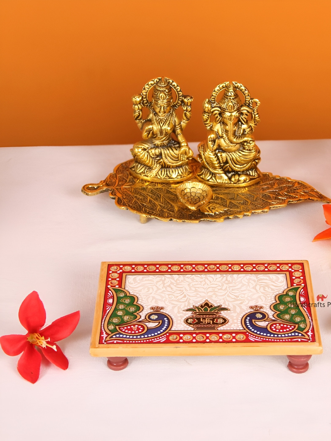 HANDICRAFTS PARADISE White & Red Peacock Designed Marble Pooja Chowki