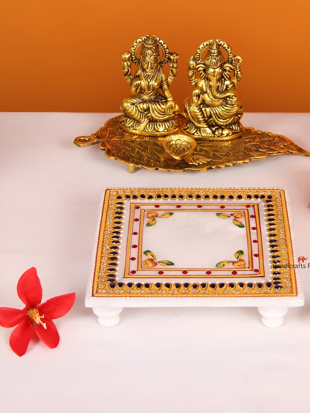 HANDICRAFTS PARADISE White & Red Kundan Studded Marble Pooja Chowkie