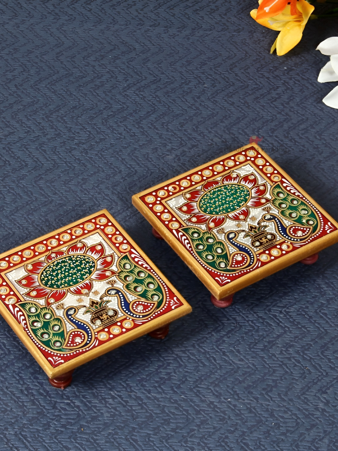 HANDICRAFTS PARADISE 2 Pieces White & Red Peacock-designed Marble Pooja Chowki