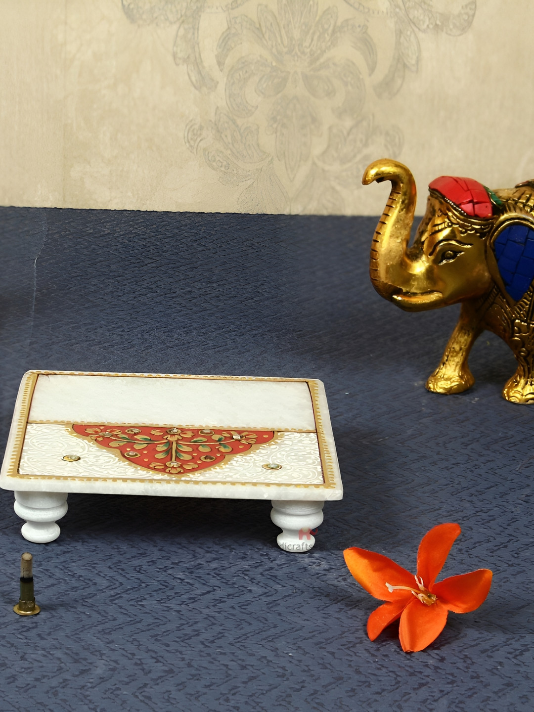 HANDICRAFTS PARADISE White & Red Meenakari Worked Marble Pooja Chowki