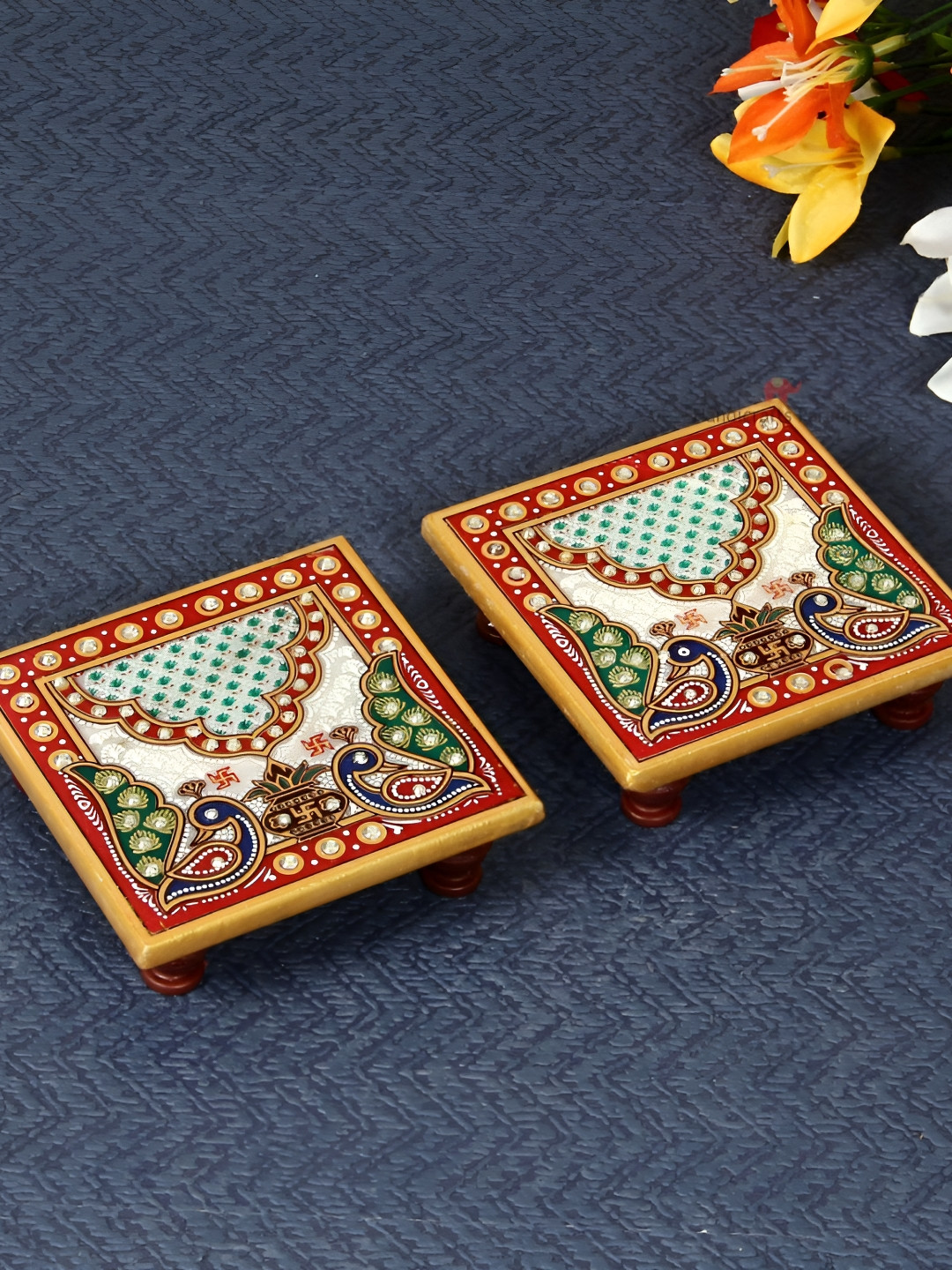 HANDICRAFTS PARADISE 2 Pieces White & Red Peacock-designed Marble Pooja Chowki