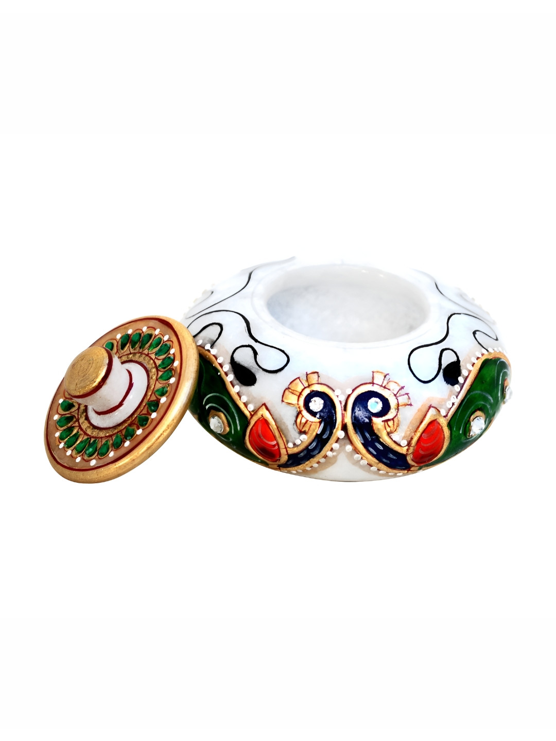 HANDICRAFTS PARADISE White & green Peacock-designed Marble Kumkum Box