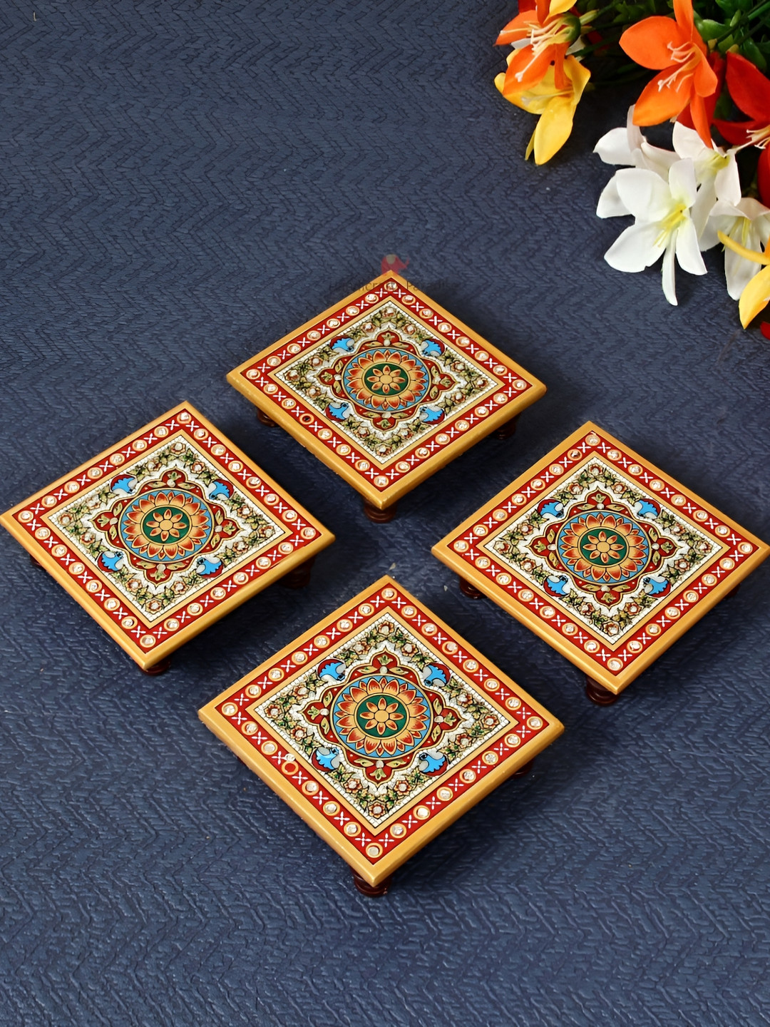 HANDICRAFTS PARADISE White & Red 4 Pieces Floral Marble Pooja Chowki