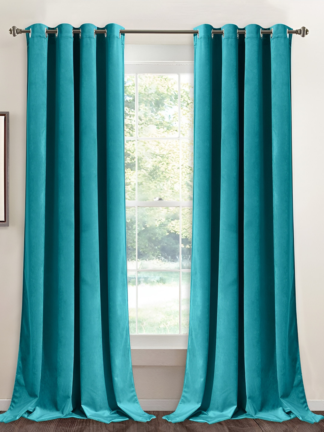 Sparrow world Blue 2 Pieces Velvet Black Out Window Curtains