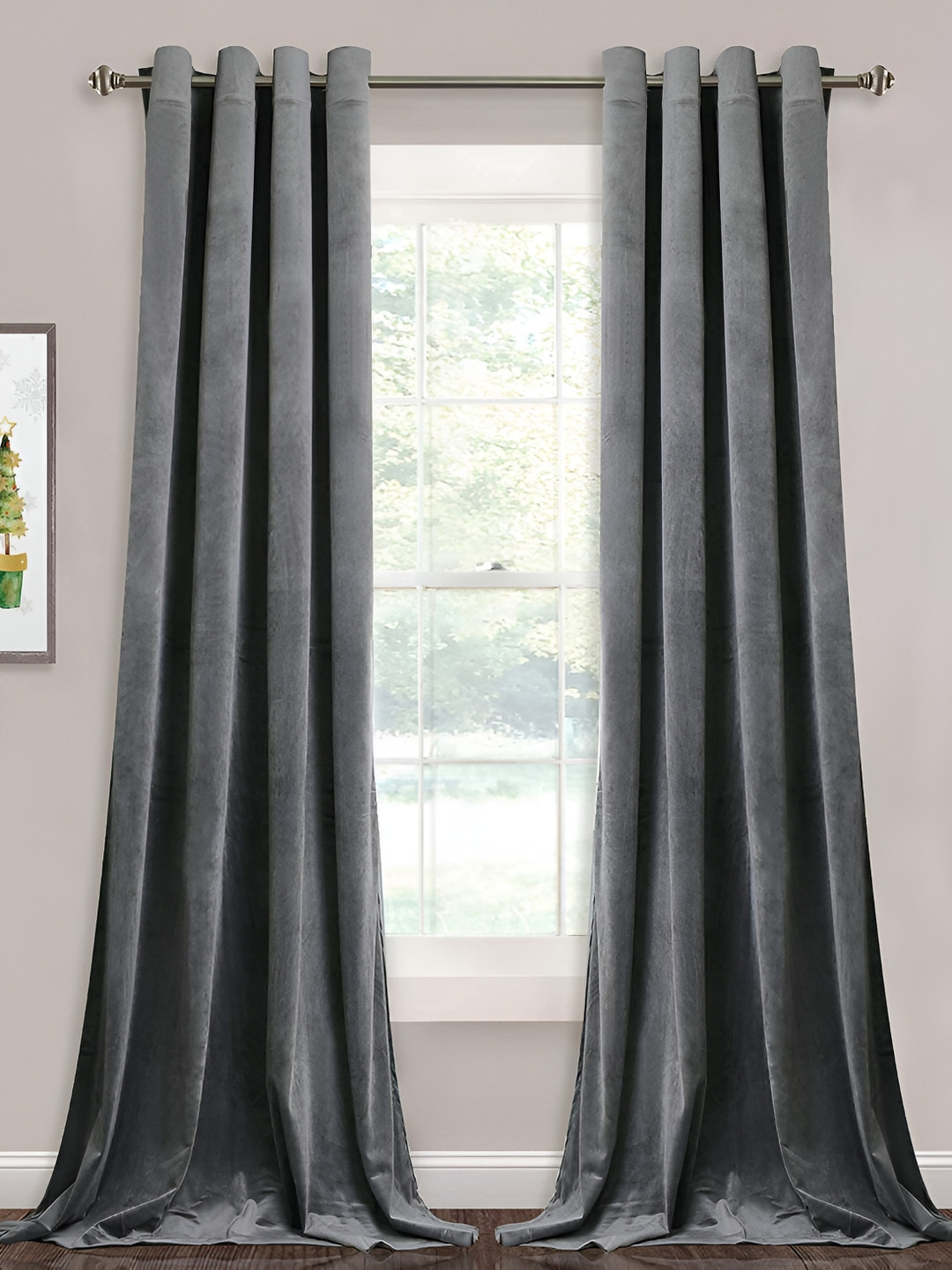 Sparrow world Grey 2 Pieces Velvet Black Out Window Curtains