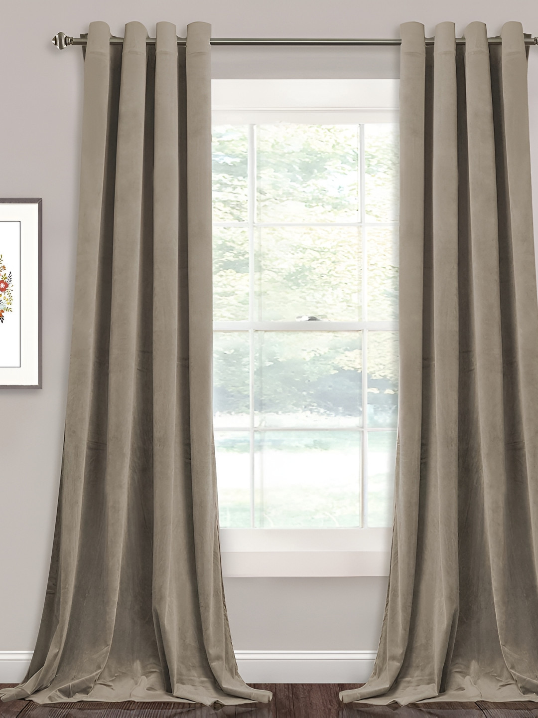 Sparrow world Camel Brown 2 Pieces Velvet Black Out Window Curtains