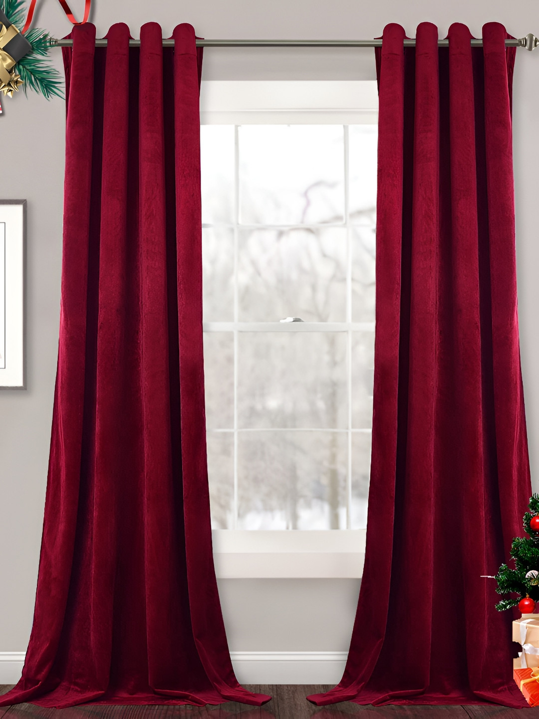 Sparrow world Maroon Velvet Black Out Window Curtain
