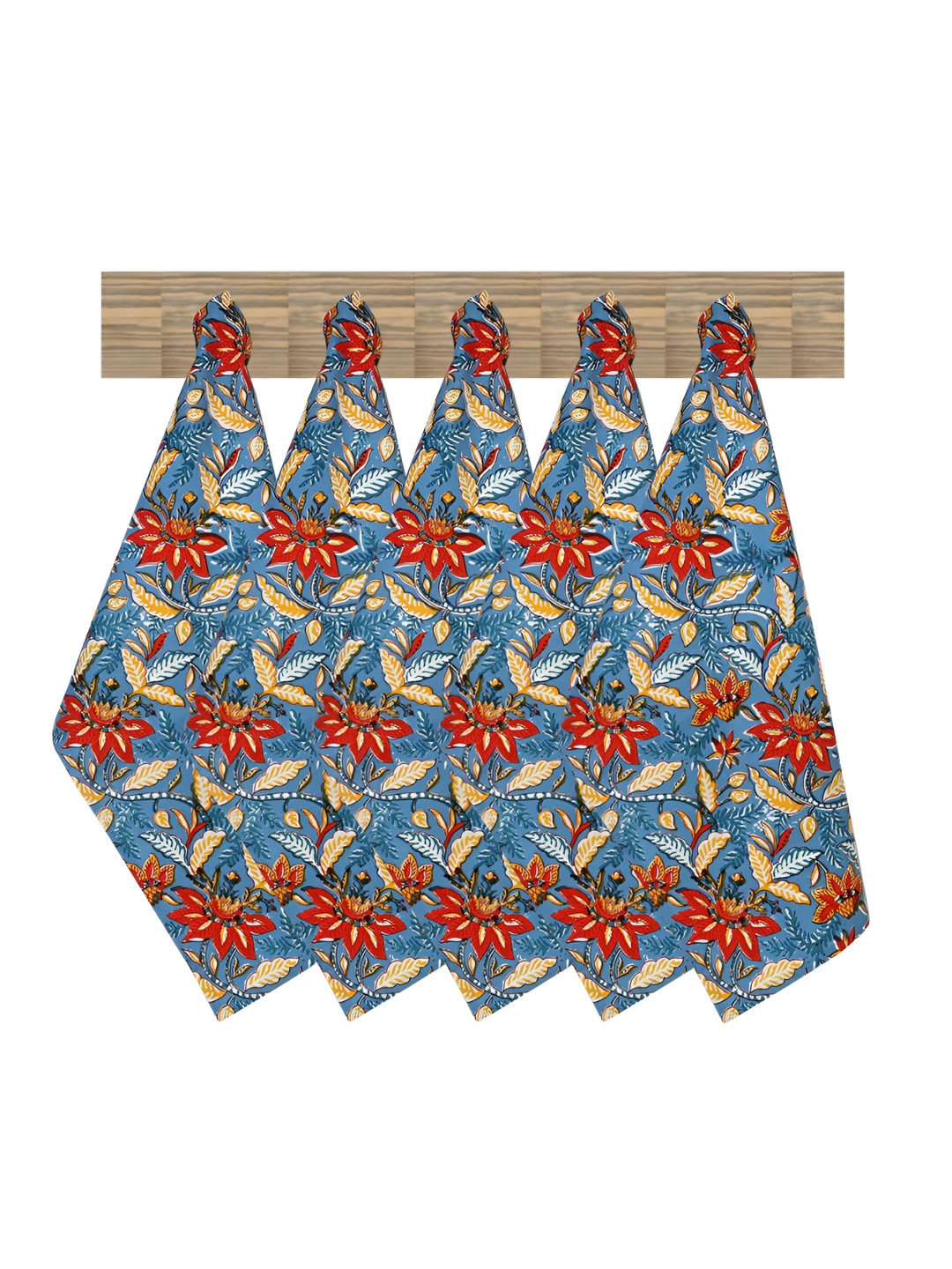 Texstylers Blue & Red 5 Pcs Floral Printed Pure Cotton Kitchen Towels