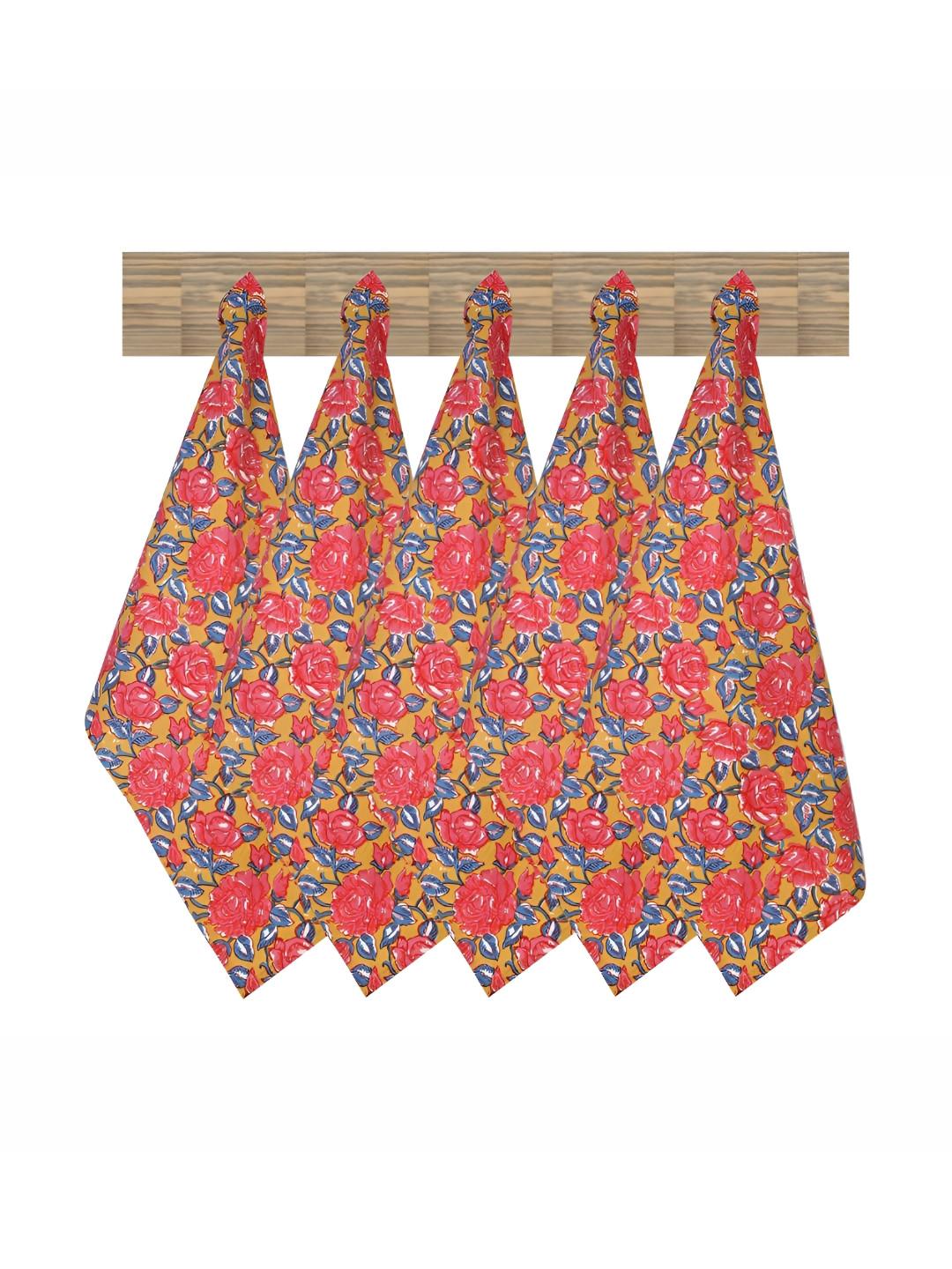 Texstylers Mustard Yellow & Pink  5 Pcs Floral Printed Pure Cotton Kitchen Towels