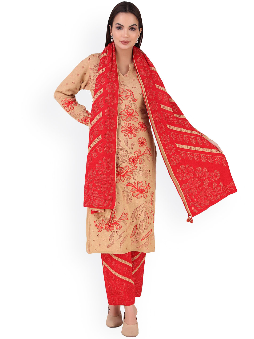 Elthia Floral Woven Design Band Collar Kurta with Trousers & Dupatta