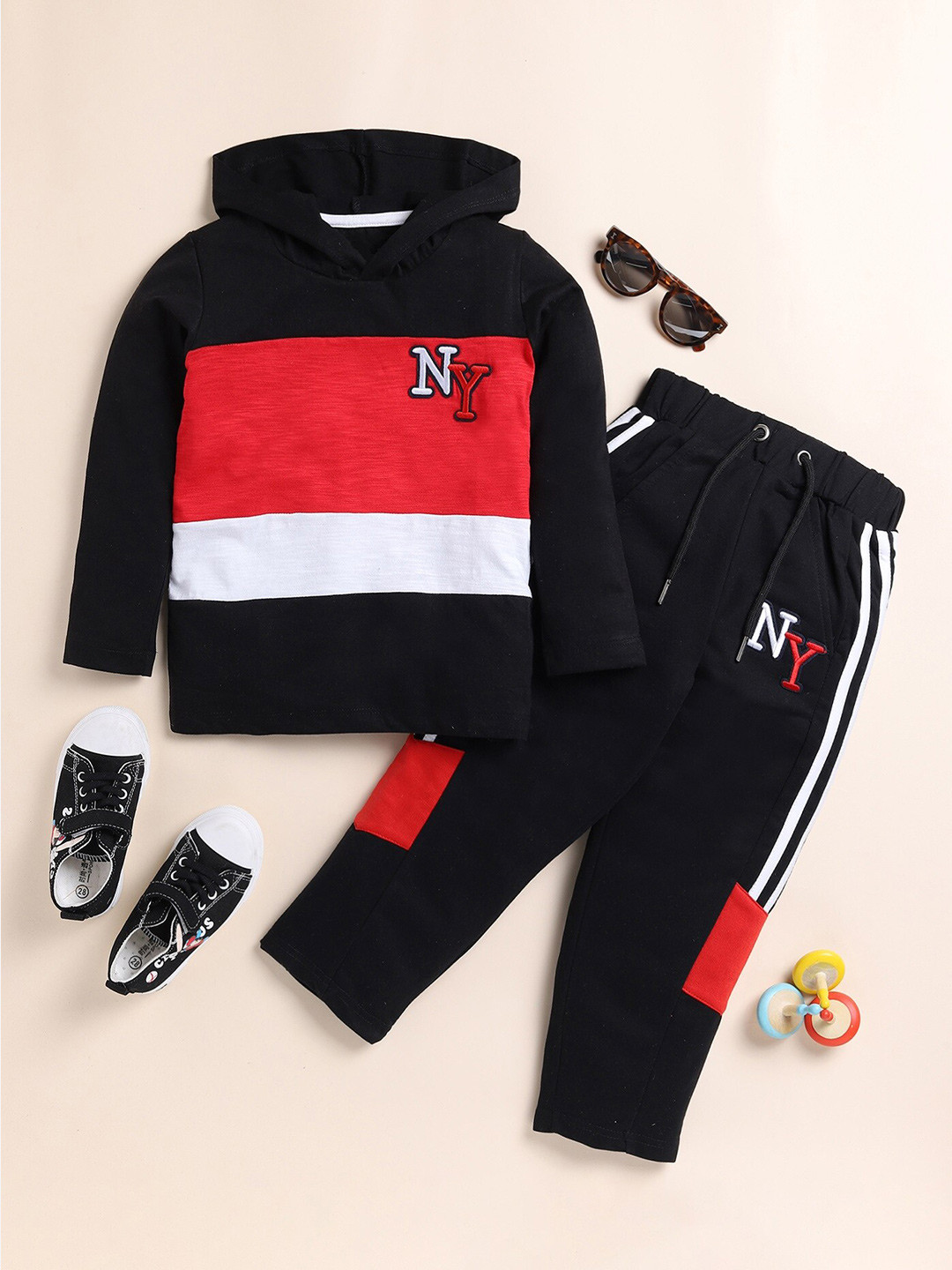 Lazy Shark Boys Colourblocked Hooded Pure Cotton Sweatshirts with Trousers