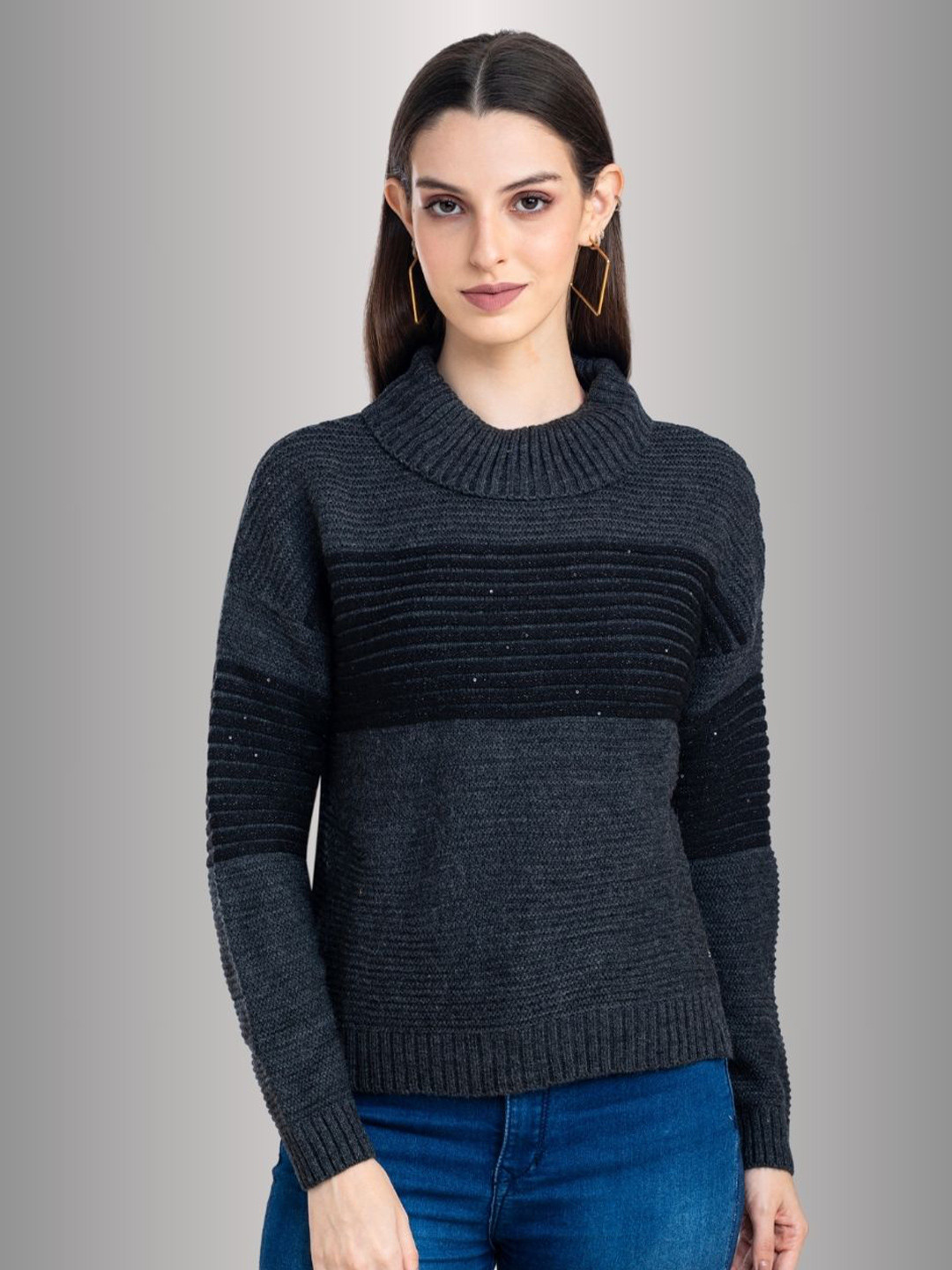 Moda Elementi Striped Turtle Neck Sweater