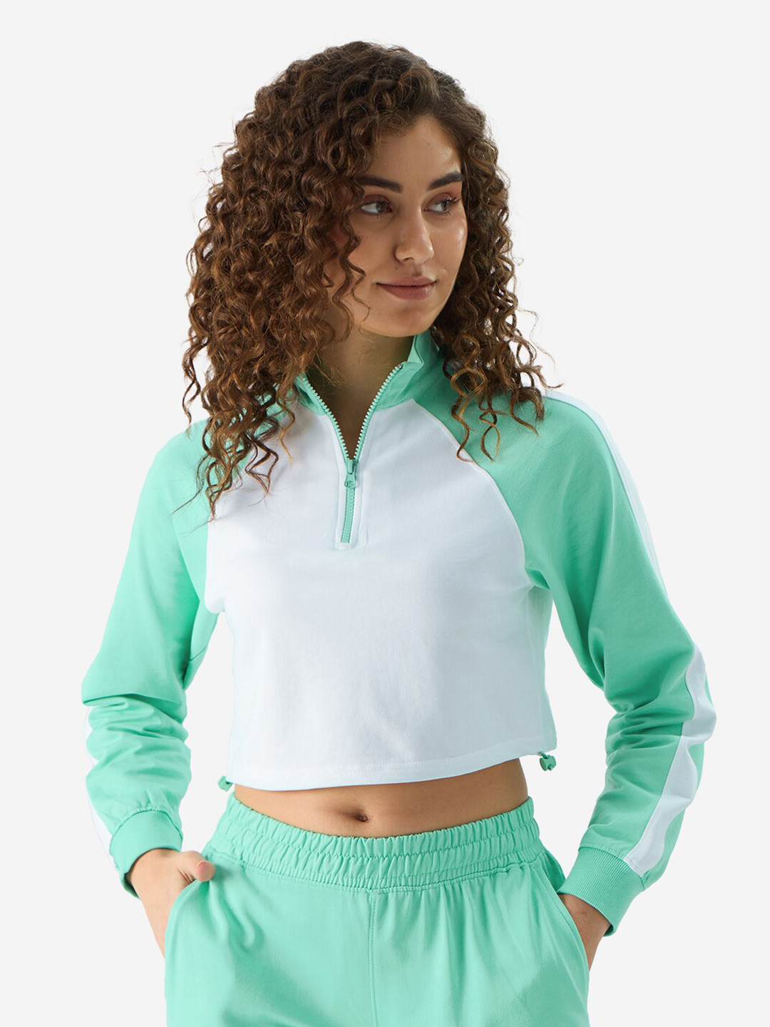 The Souled Store Colourblocked High Neck Half Zipper Raglan Sleeves Crop Boxy Top