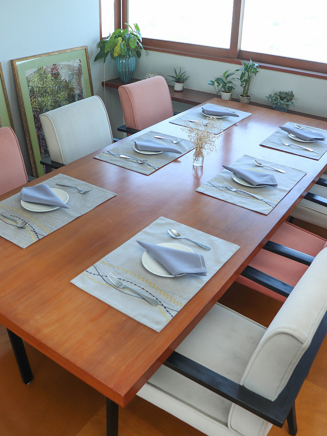 ZEBA Grey 12 Pieces Embroidered Rectangle Table Placemats & Napkin