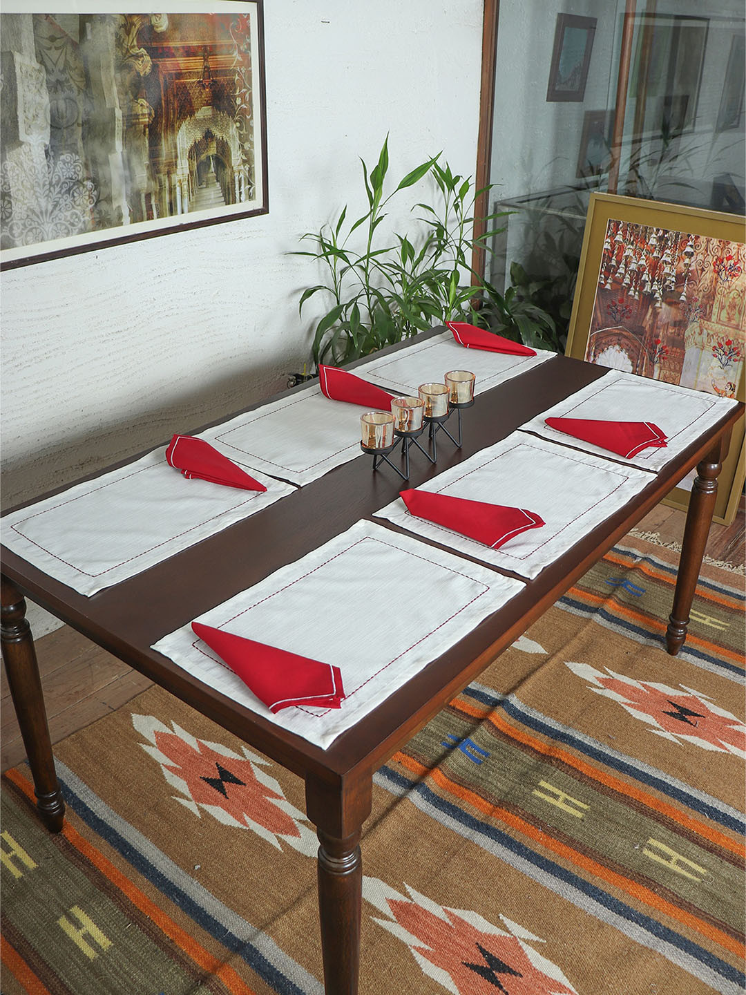 ZEBA Red & White 12 Pieces Embroidered Table Placemats & Napkin