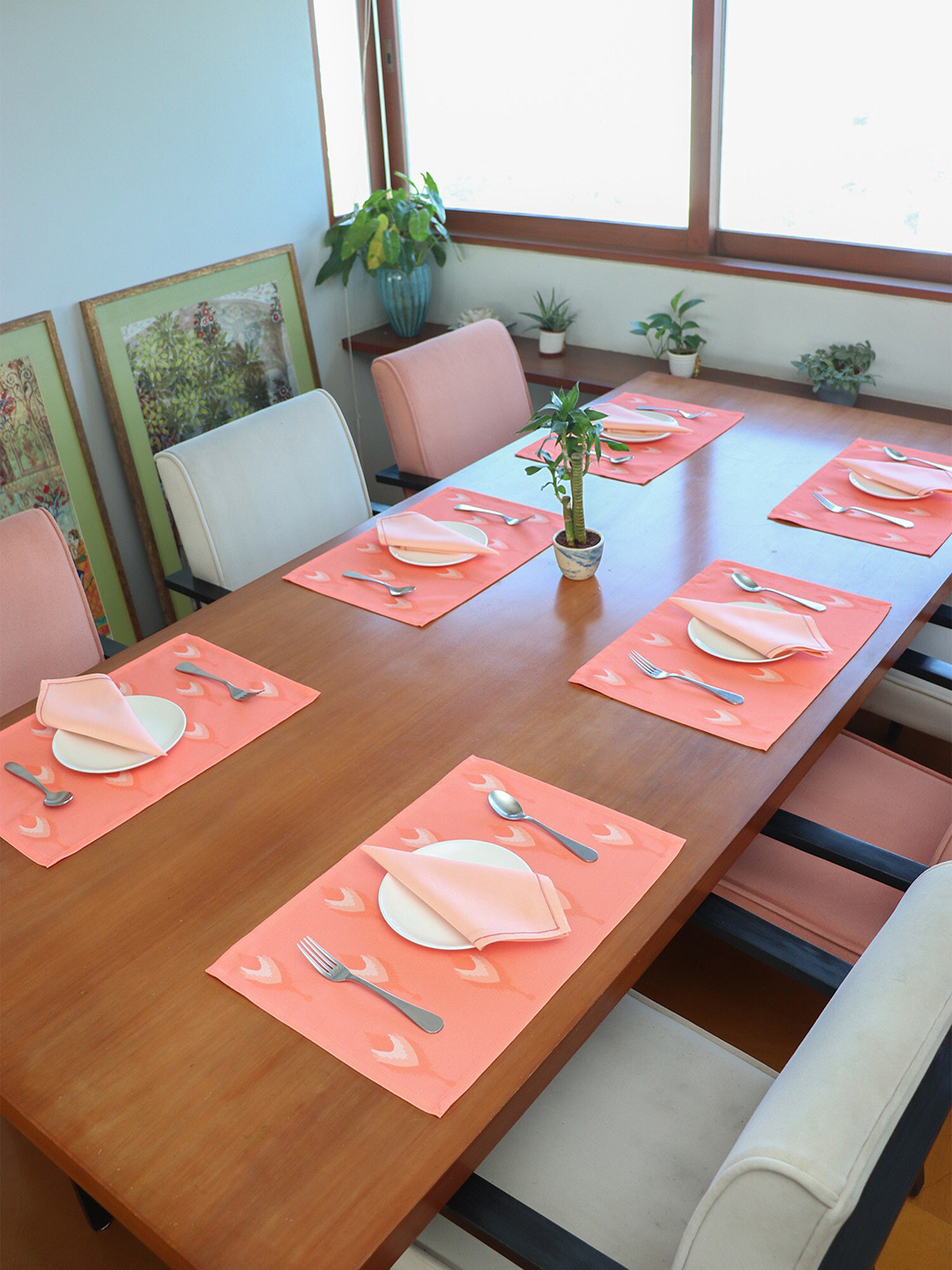 ZEBA Orange & Cream 12 Pieces Printed Table Placemats & Napkins