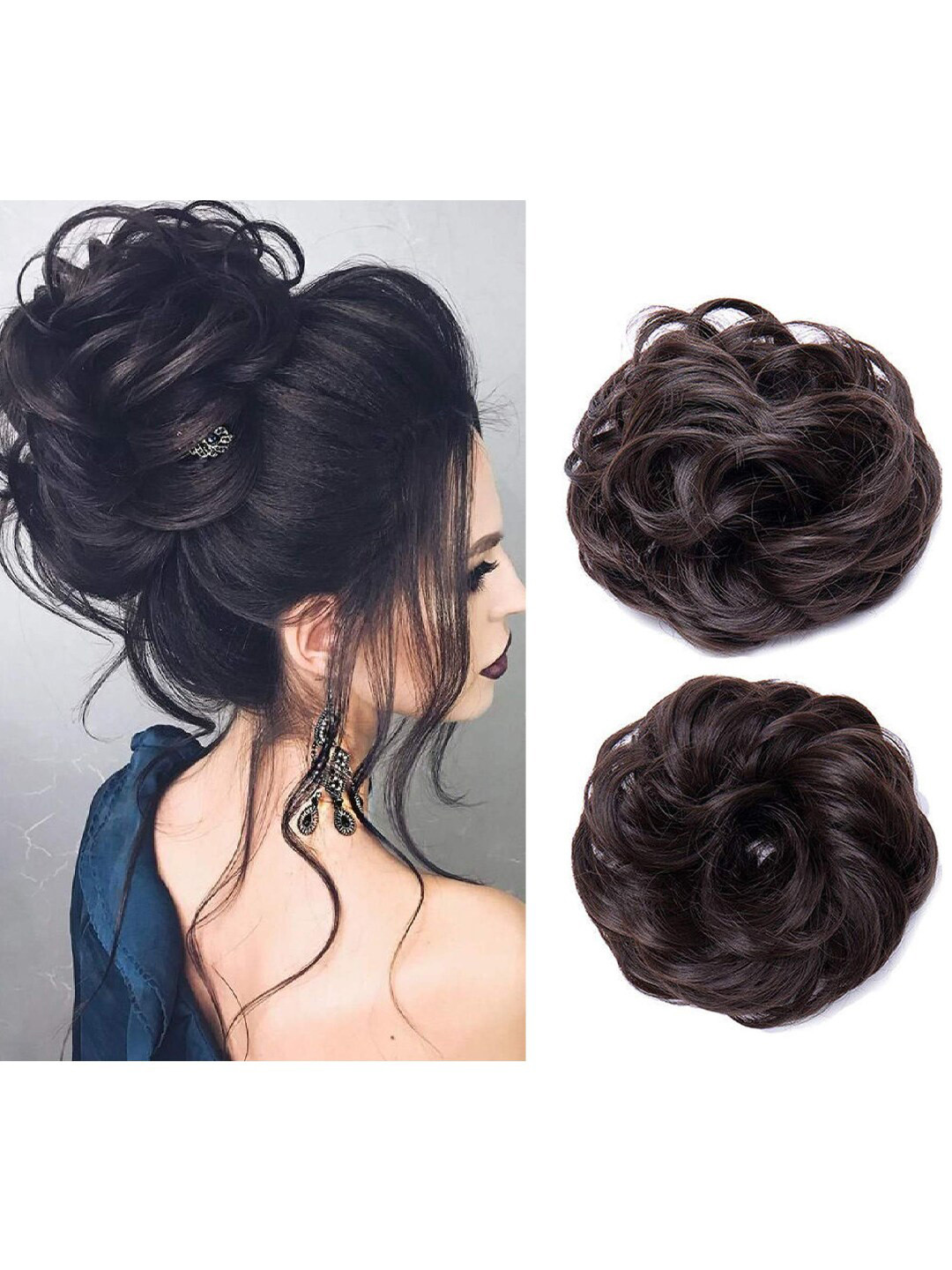 FIMBUL 2-Pcs Messy Curly Hair Bun Extensions - Brown