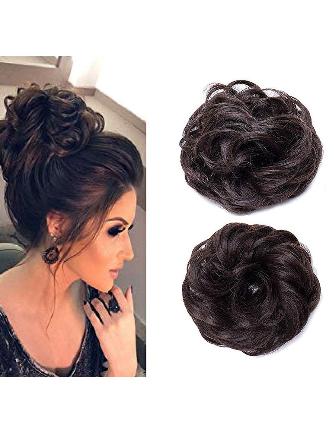 FIMBUL 2-Pcs Messy Curly Hair Bun Extensions - Dark Brown