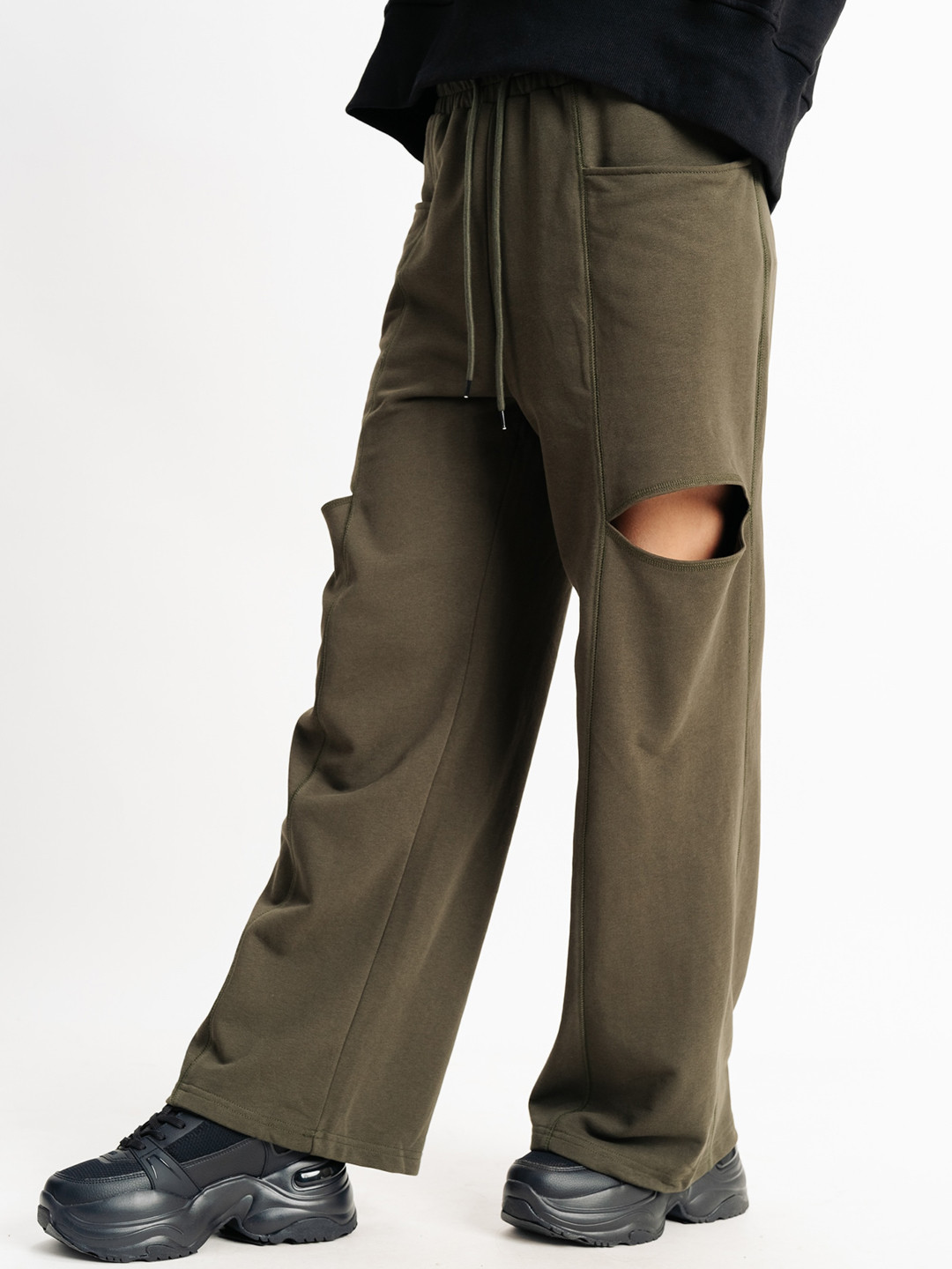 FREAKINS Women High-Rise Cut-Outs Plain Pleated Cotton Trousers