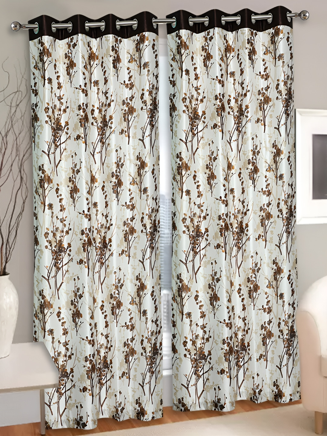REYANSH DECOR Brown & Off White 2 Pieces Floral Long Door Curtains