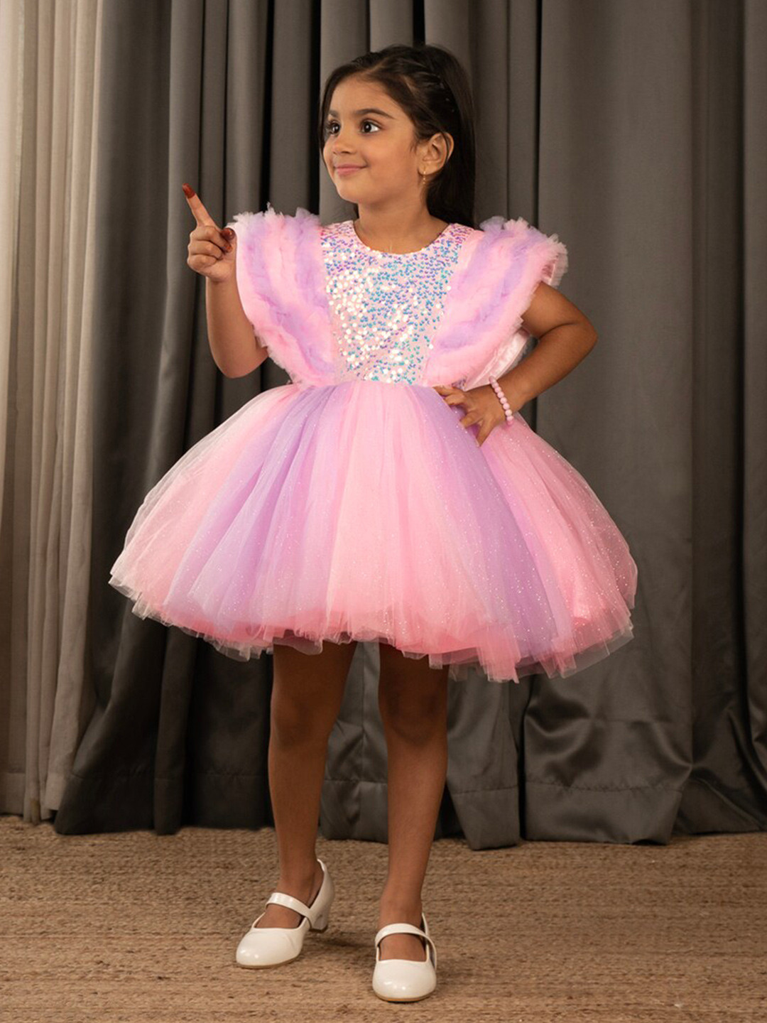 Ministitch Girls Pink Sequins Embellished Net Tulle Fit & Flare Dress