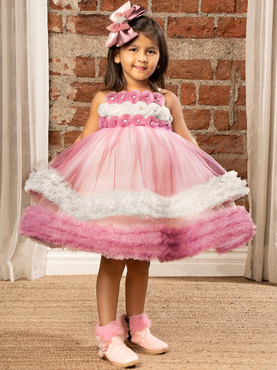 Ministitch Girls Floral Ruffled Layered Net Empire Dress