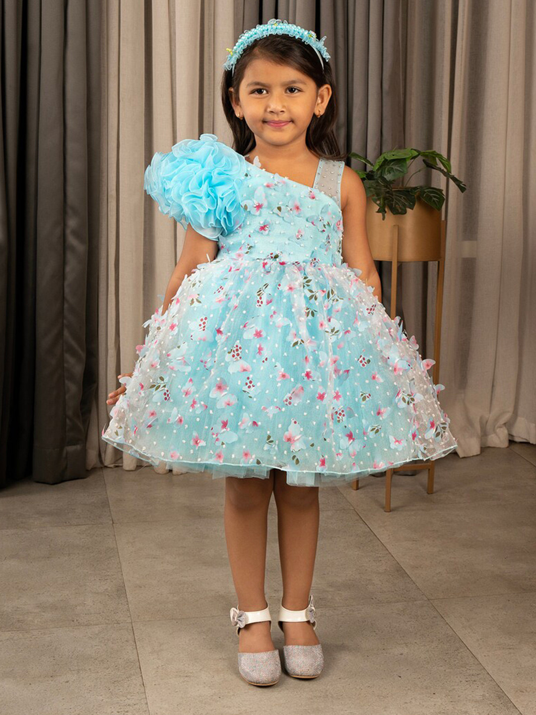 Ministitch Girls Floral Self Designed Corsage Detailed Net Fit & Flare Dress