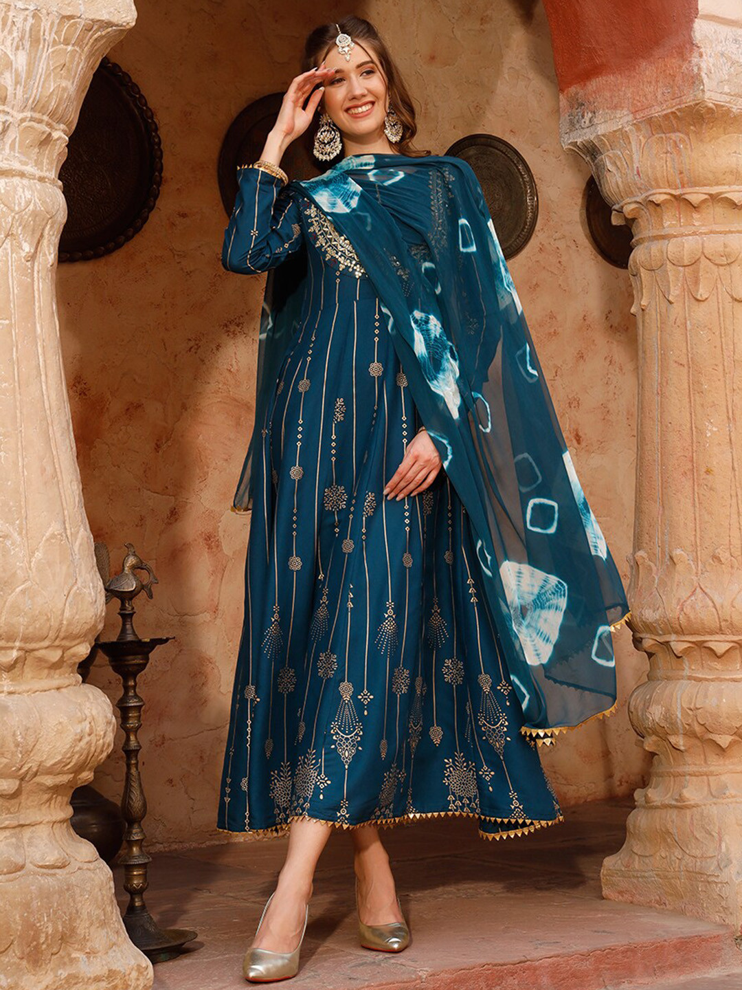 Meeranshi Ethnic Motifs Printed Maxi Length A-Line Ethnic Dress With Dupatta