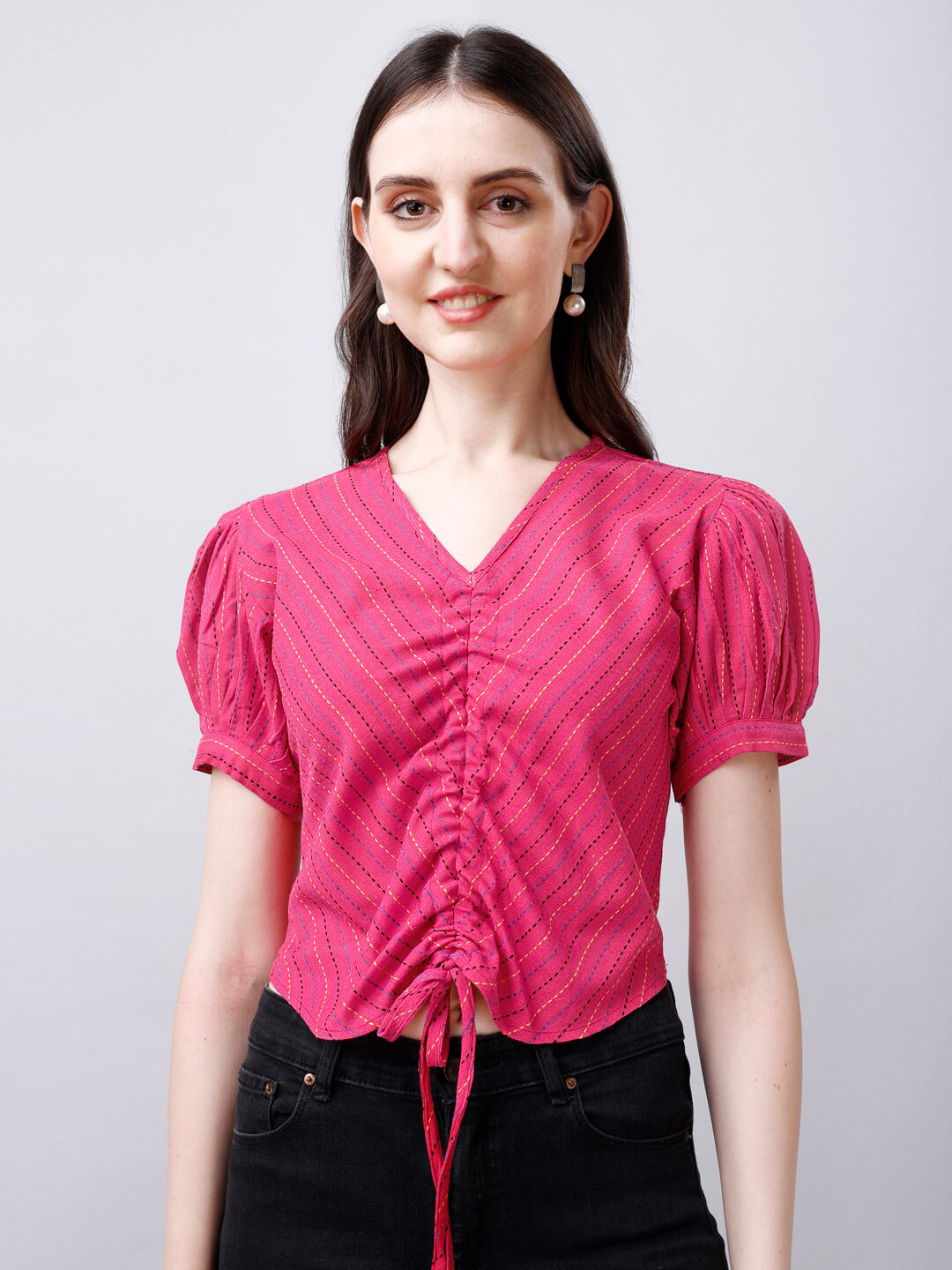 Kinjo Pink Striped Puff Sleeve Cotton Top