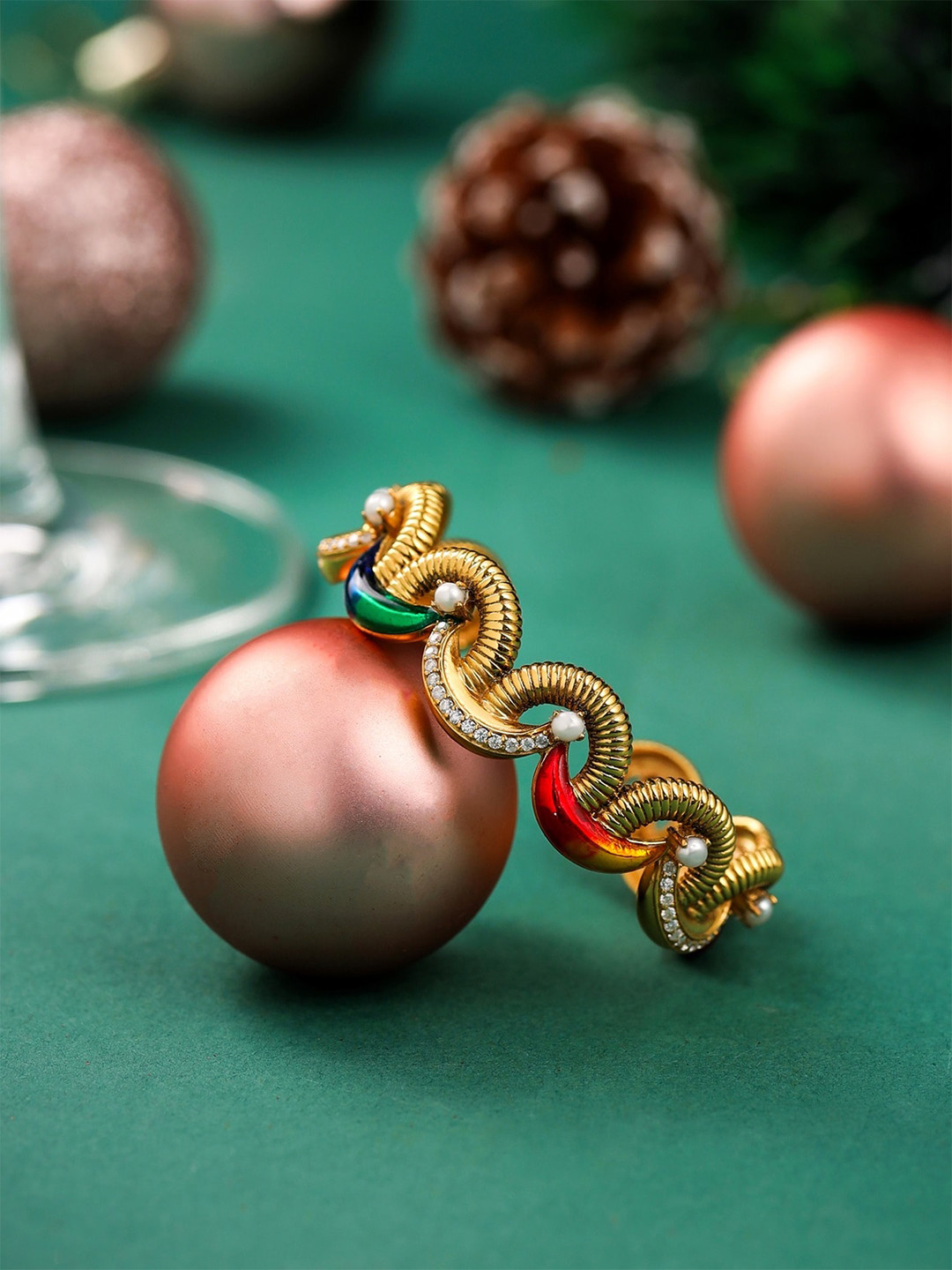 Kicky And Perky Sterling Silver Gold Plated Pearl & Moissanite Stone Enamelled Cuff Bangle