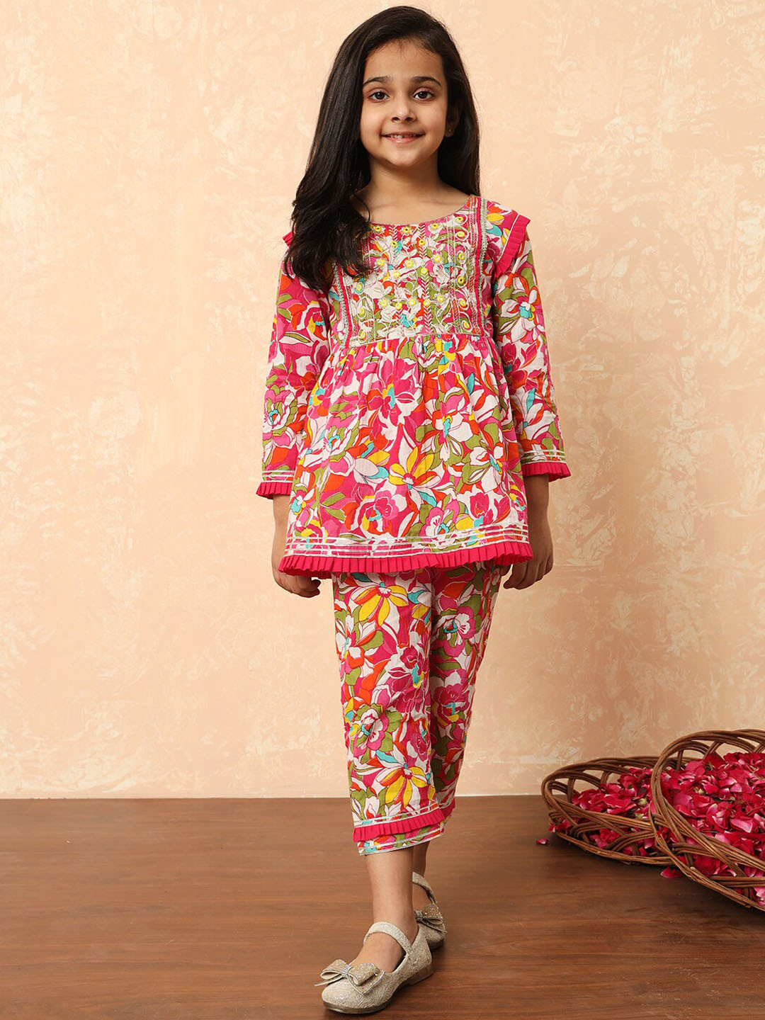 Readiprint Girls Floral Printed Mirror Work Pure Cotton A-Line Kurti With Pyjamas